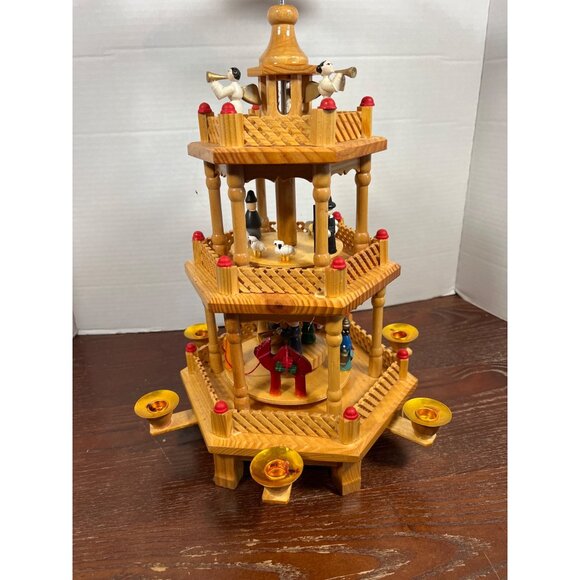Vintage Handcrafted Wooden German Christmas Candle Tower Carousel Nativity - Picture 2 of 7